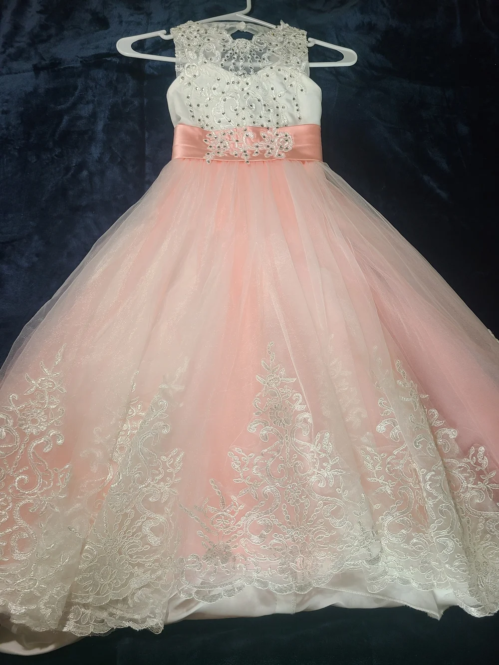 Embellished Pink and White Floral Lace Tulle Dress for Girls
